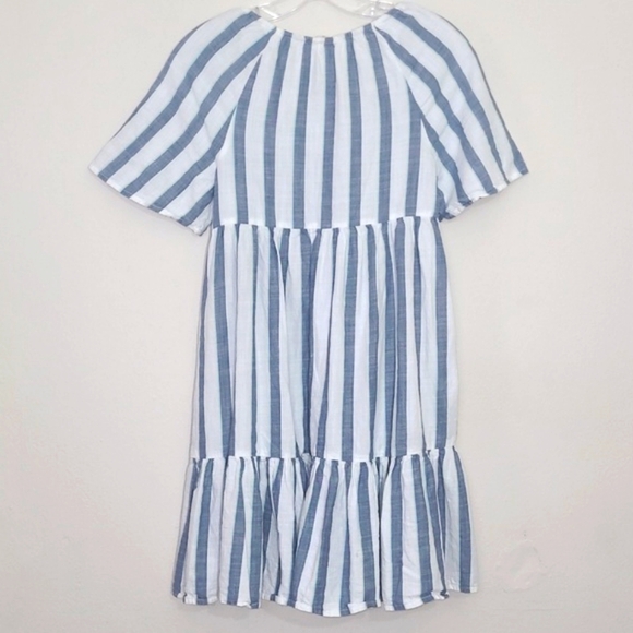 Milkmaid House Dress Verticle Striped Midi Shirred Ruffeled Tiered Off Shoulder - Picture 9 of 9